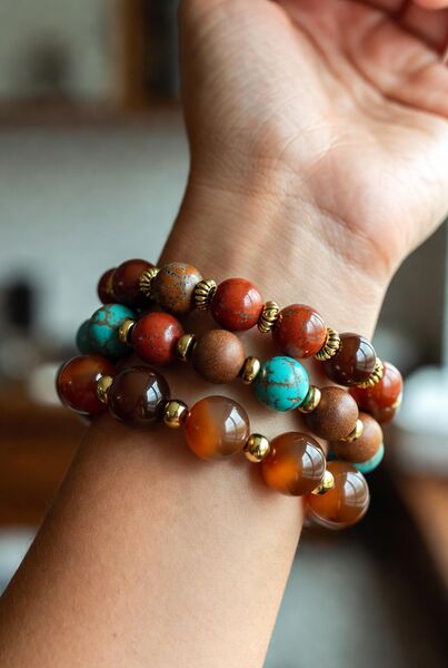Stacked beaded bracelets with turquoise, jasper, and gold accents