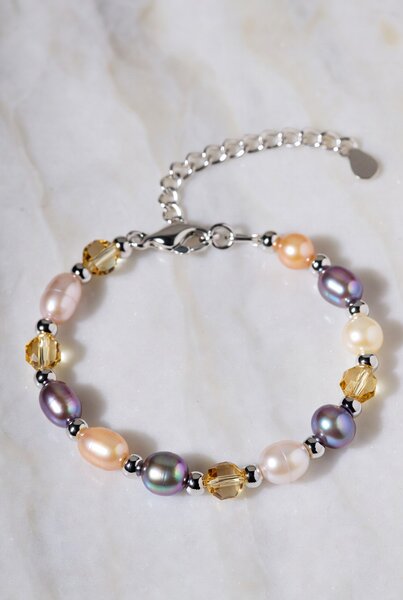 Multi-color pearl and amber crystal bracelet with steel spacers