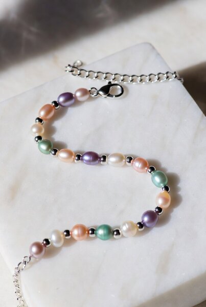 Multi-color freshwater pearl bracelet with steel bead spacers