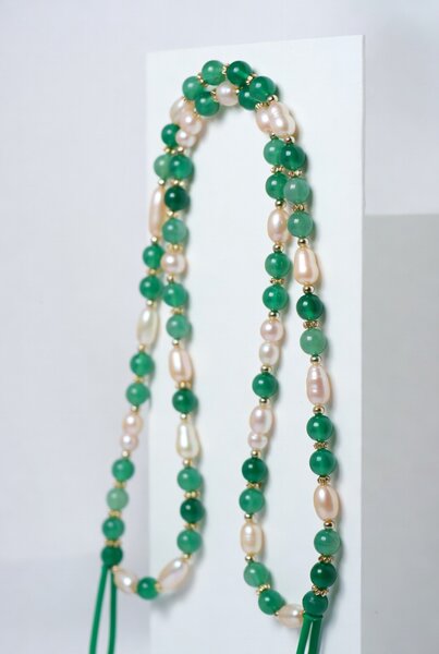 Green jade and freshwater pearl eyeglass lanyard with gold spacers