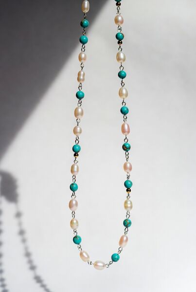Turquoise and freshwater pearl eyewear chain on stainless steel chain
