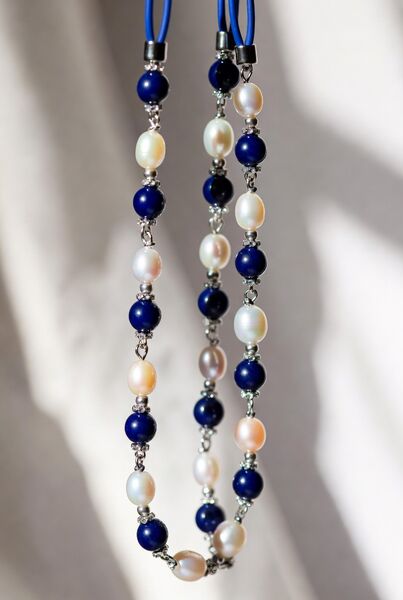 Lapis lazuli and freshwater pearl eyeglass lanyard on stainless steel chain